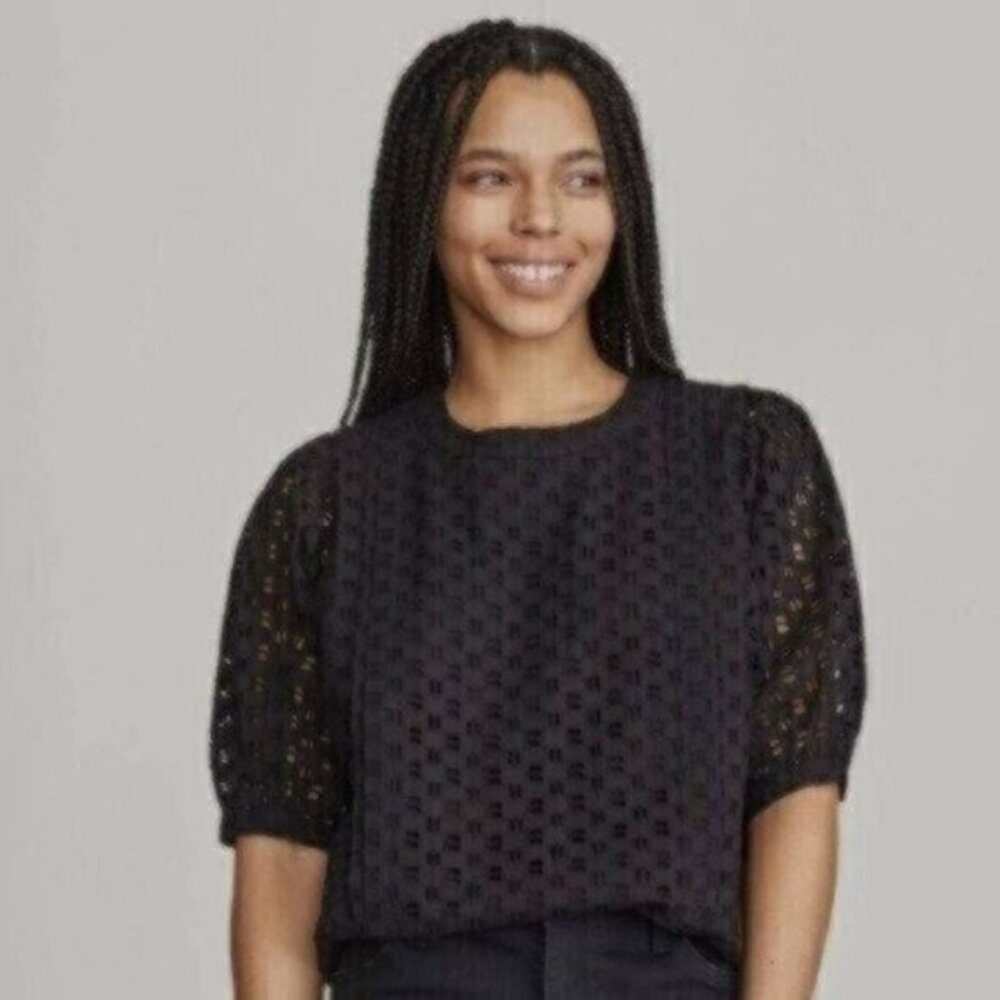 Elizabeth & James Eyelet Black Puff Sleeve Top Preppy Feminine Office